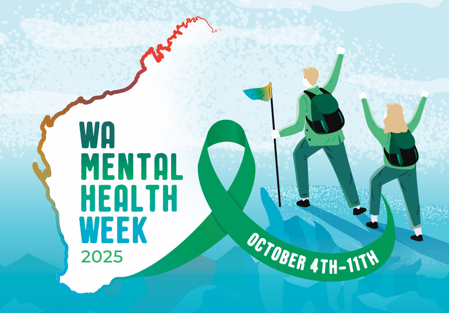 Illustration: two people on a mountain edge & WA map